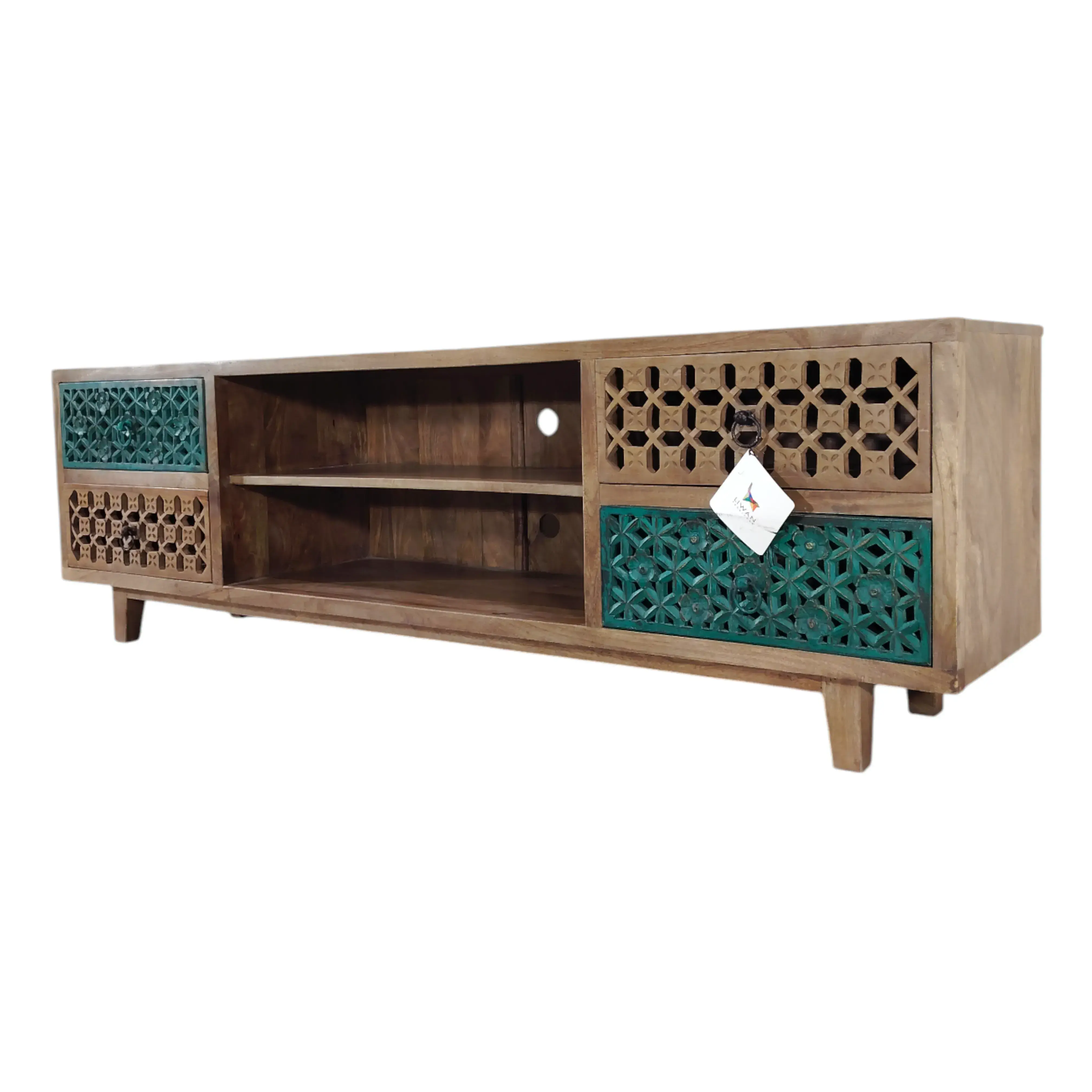 TV bench with patterned panels, natural/green