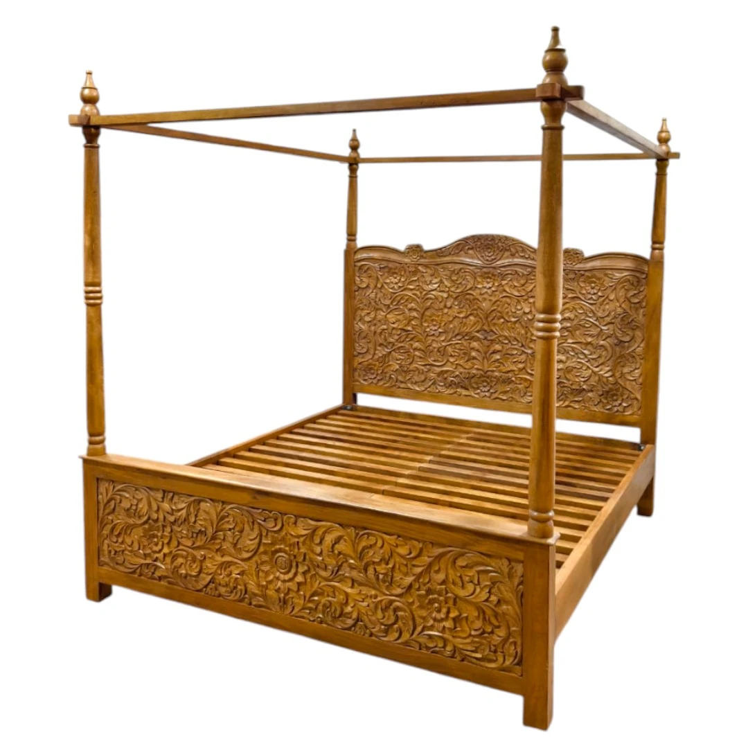 Al-Qasr Majestique Hand-Carved Mango Wood Canopy Bed