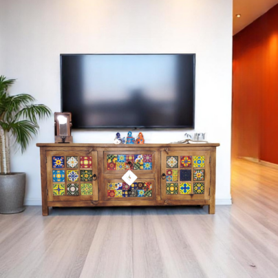 Tiled Door TV board - Solid Wood/Multicolor