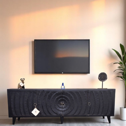 Carved Door TV Console - Black