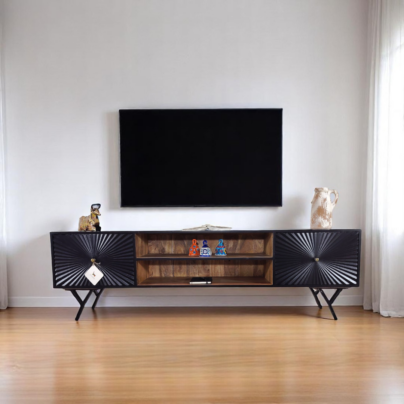 TV bench with patterned doors, black