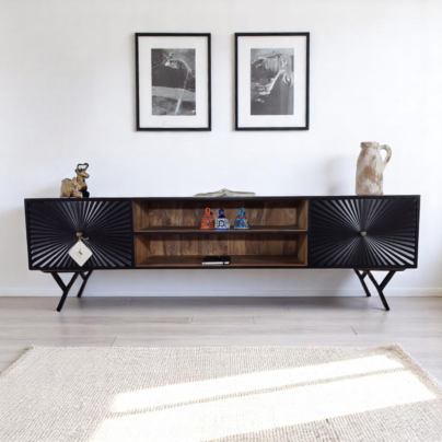TV bench with patterned doors, black
