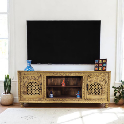 TV bench with intricate hand-carving, natural finish