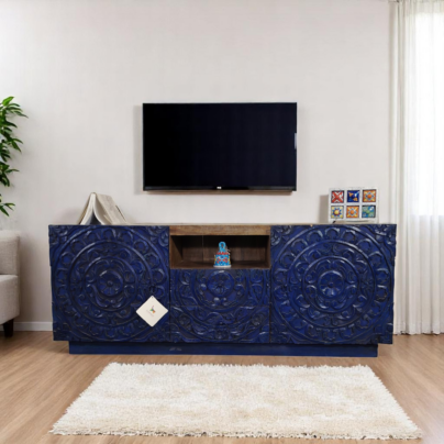 Stunning Hand-Carved Blue Media Console/TV Stand